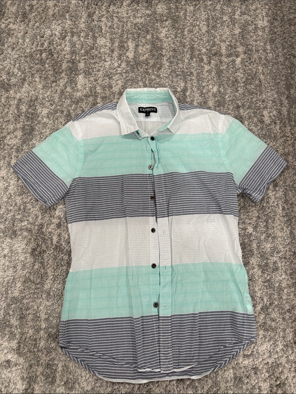 Express Short-Sleeve Striped Button-Down in Mint, Gray & White
